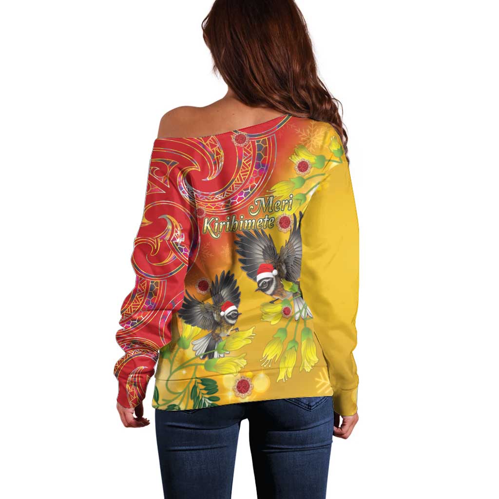 New Zealand Piwakawaka Christmas Off Shoulder Sweater With Maori Pattern LT05 - Polynesian Pride