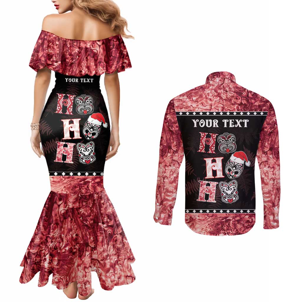 Personalised New Zealand Tiki Christmas Couples Matching Mermaid Dress and Long Sleeve Button Shirt Ho Ho Ho Paua Shell Glitter Red