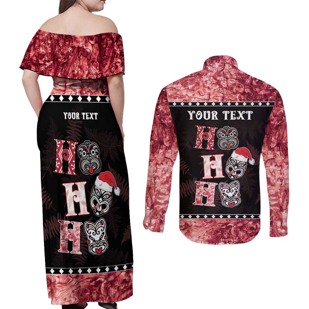 Personalised New Zealand Tiki Christmas Couples Matching Off Shoulder Maxi Dress and Long Sleeve Button Shirt Ho Ho Ho Paua Shell Glitter Red