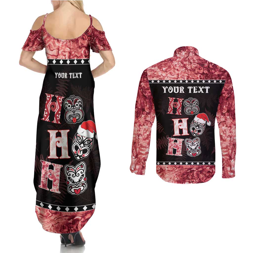 Personalised New Zealand Tiki Christmas Couples Matching Summer Maxi Dress and Long Sleeve Button Shirt Ho Ho Ho Paua Shell Glitter Red