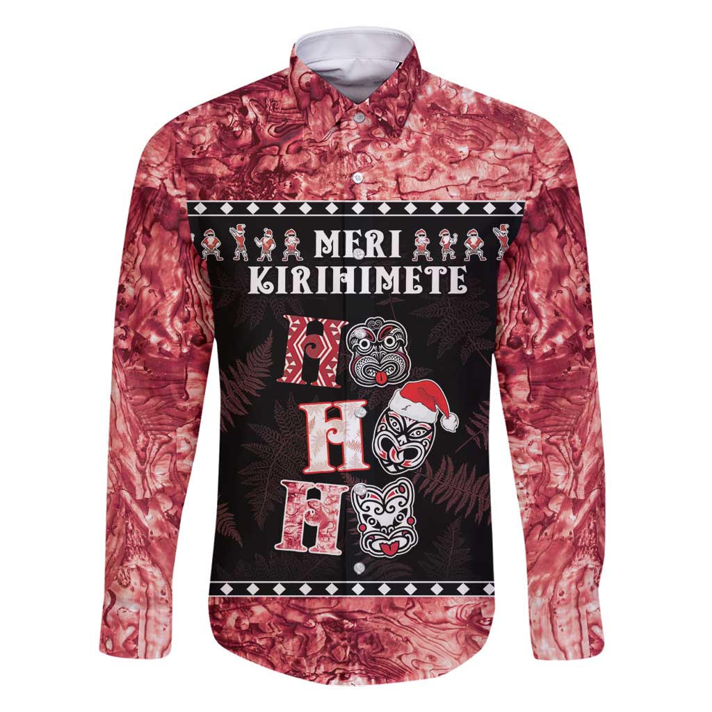 Personalised New Zealand Tiki Christmas Family Matching Tank Maxi Dress and Hawaiian Shirt Ho Ho Ho Paua Shell Glitter Red