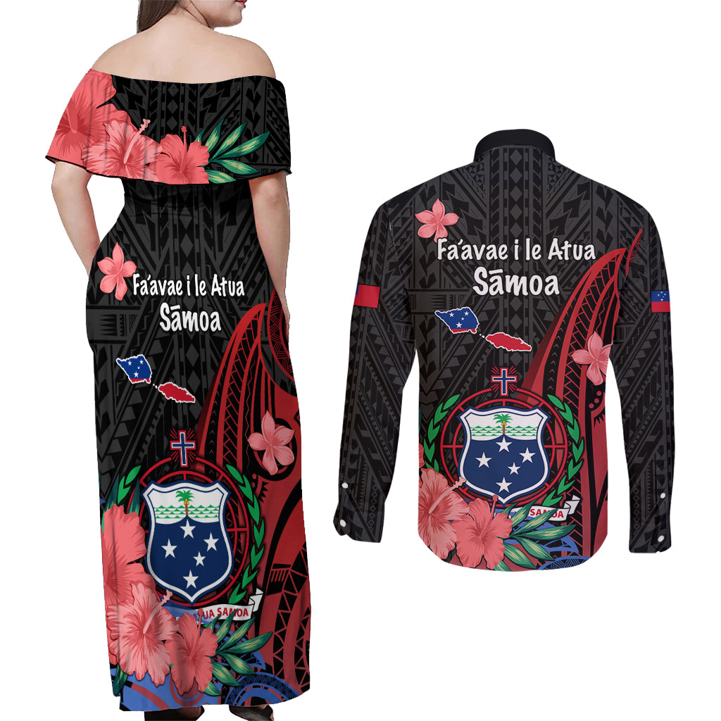 Samoa Independence Day Couples Matching Off Shoulder Maxi Dress and Long Sleeve Button Shirt Samoan Warriors Ula Fala LT05 - Polynesian Pride