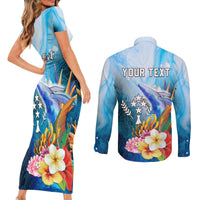 Personalised Kosrae Constitution Day Couples Matching Short Sleeve Bodycon Dress and Long Sleeve Button Shirt Humpback Whale Tropical Flowers LT05 - Polynesian Pride