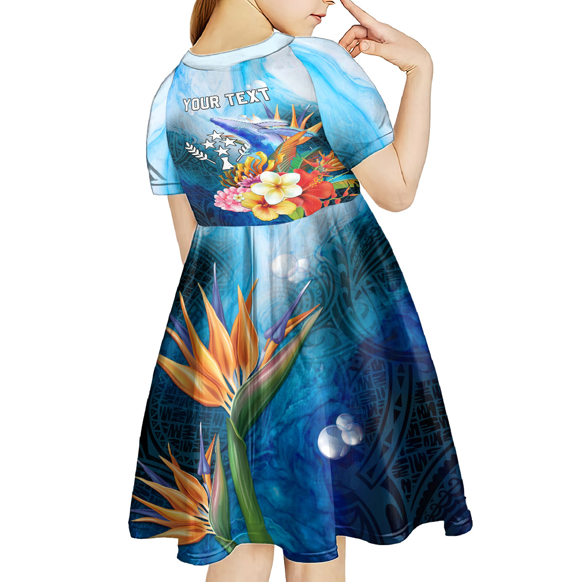 Personalised Kosrae Constitution Day Kid Short Sleeve Dress Humpback Whale Tropical Flowers LT05 - Polynesian Pride