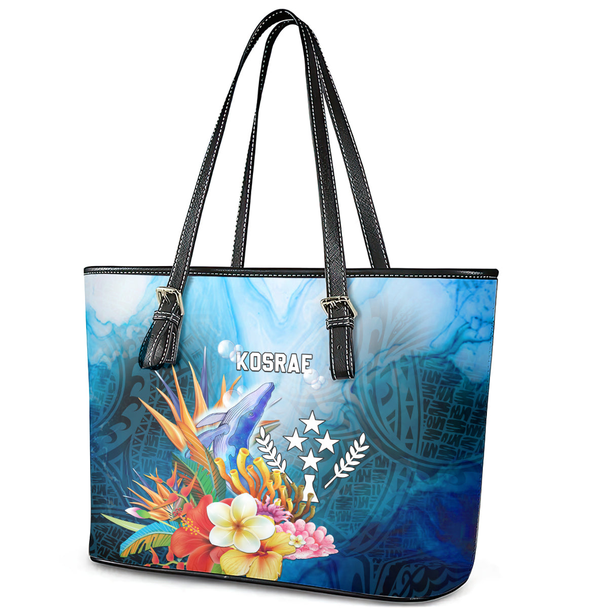 Kosrae Constitution Day Leather Tote Bag Humpback Whale Tropical Flowers LT05 - Polynesian Pride