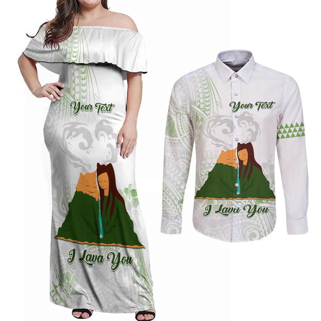 Personalised I LAVA YOU Volcano Valentine Couples Matching Off Shoulder Maxi Dress and Long Sleeve Button Shirt Polynesian Tribal Pattern LT05 White - Polynesian Pride