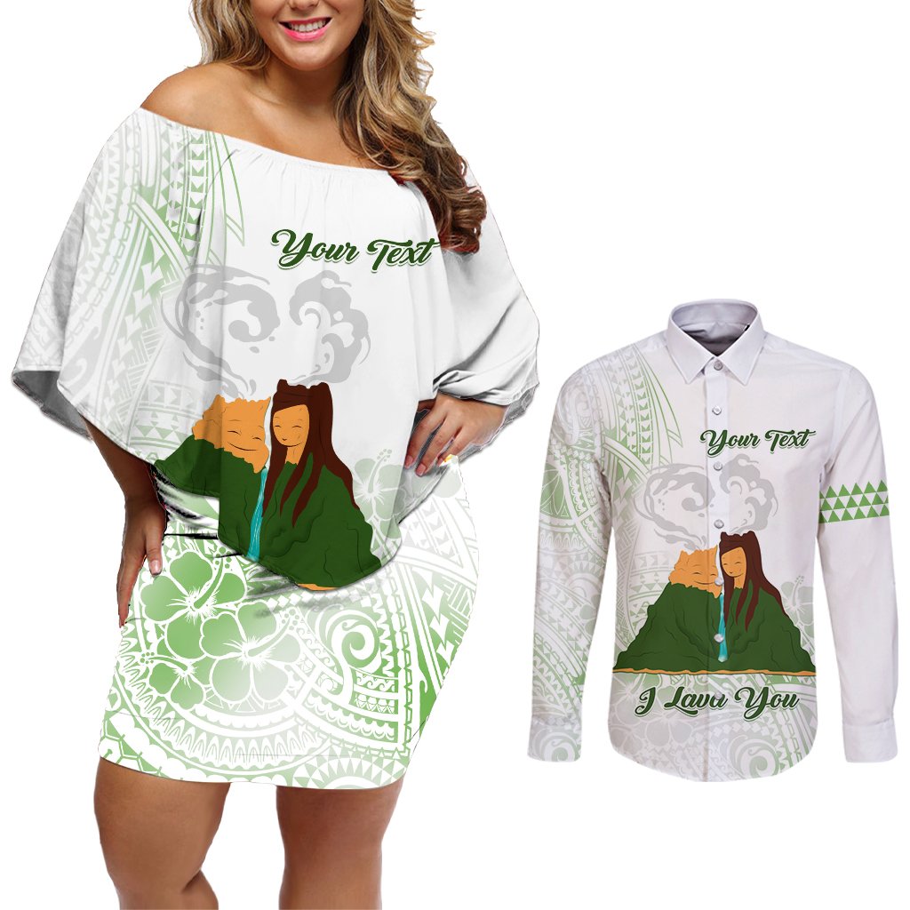 Personalised I LAVA YOU Volcano Valentine Couples Matching Off Shoulder Short Dress and Long Sleeve Button Shirt Polynesian Tribal Pattern LT05 White - Polynesian Pride
