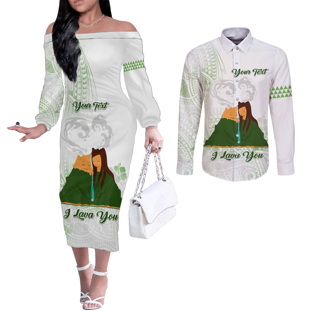 Personalised I LAVA YOU Volcano Valentine Couples Matching Off The Shoulder Long Sleeve Dress and Long Sleeve Button Shirt Polynesian Tribal Pattern LT05 White - Polynesian Pride