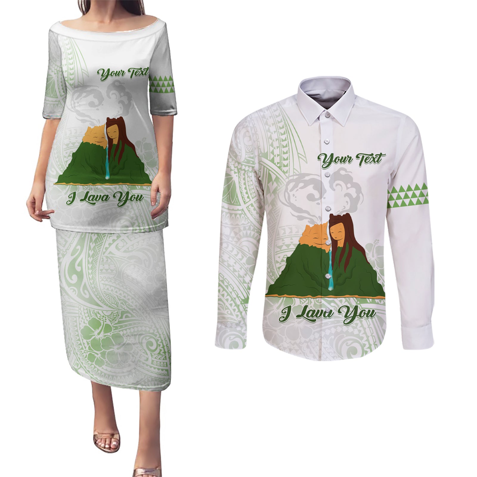 Personalised I LAVA YOU Volcano Valentine Couples Matching Puletasi and Long Sleeve Button Shirt Polynesian Tribal Pattern LT05 White - Polynesian Pride