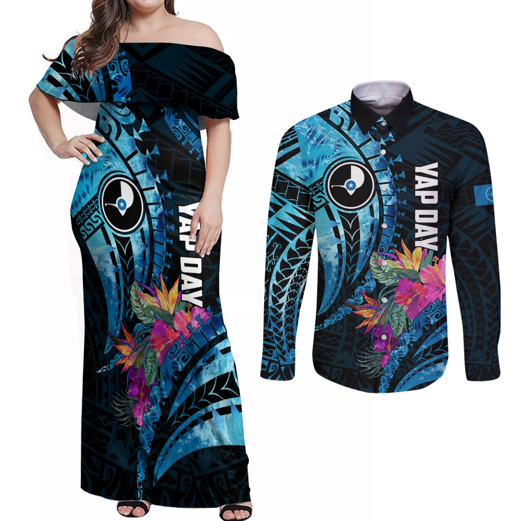 Personalised FSM Yap State Day Couples Matching Off Shoulder Maxi Dress and Long Sleeve Button Shirt Tropical Flowers Tribal Pattern LT05 Blue - Polynesian Pride