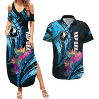 Personalised FSM Yap State Day Couples Matching Summer Maxi Dress and Hawaiian Shirt Tropical Flowers Tribal Pattern LT05 Blue - Polynesian Pride