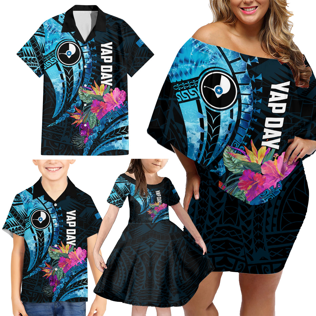Personalised FSM Yap State Day Family Matching Off Shoulder Short Dress and Hawaiian Shirt Tropical Flowers Tribal Pattern LT05 - Polynesian Pride