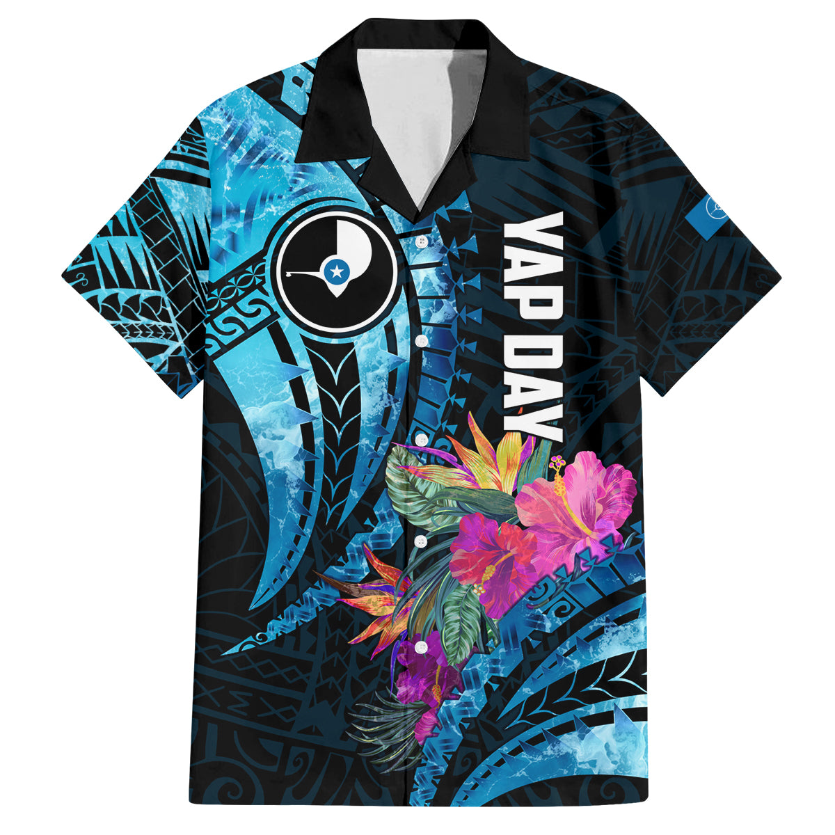 Personalised FSM Yap State Day Family Matching Tank Maxi Dress and Hawaiian Shirt Tropical Flowers Tribal Pattern LT05 Dad's Shirt - Short Sleeve Blue - Polynesian Pride