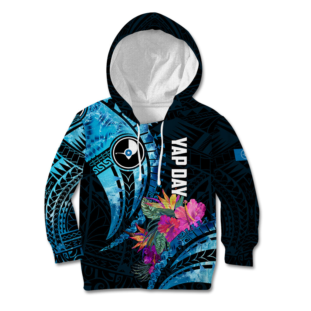 Personalised FSM Yap State Day Kid Hoodie Tropical Flowers Tribal Pattern LT05 Hoodie Blue - Polynesian Pride