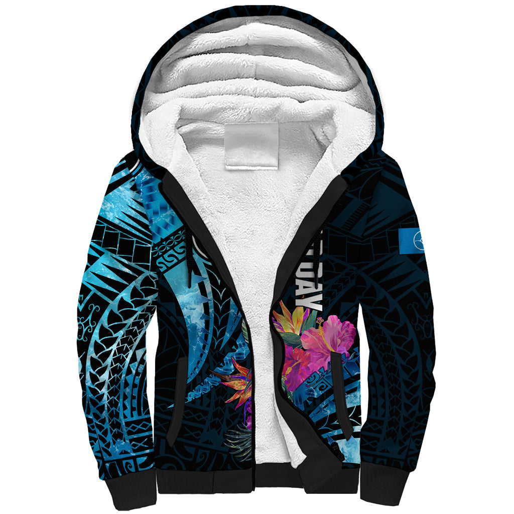 Personalised FSM Yap State Day Sherpa Hoodie Tropical Flowers Tribal Pattern LT05 Unisex Blue - Polynesian Pride