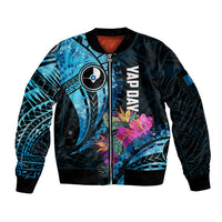 Personalised FSM Yap State Day Sleeve Zip Bomber Jacket Tropical Flowers Tribal Pattern LT05 Unisex Blue - Polynesian Pride