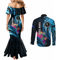 Personalised FSM Chuuk State Couples Matching Mermaid Dress and Long Sleeve Button Shirt Tropical Flowers Tribal Pattern LT05 - Polynesian Pride