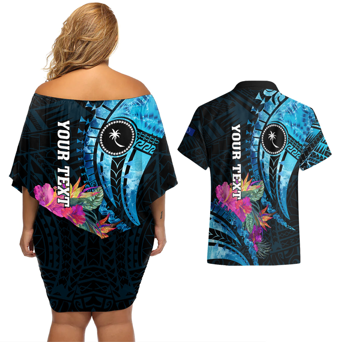 Personalised FSM Chuuk State Couples Matching Off Shoulder Short Dress and Hawaiian Shirt Tropical Flowers Tribal Pattern LT05 - Polynesian Pride