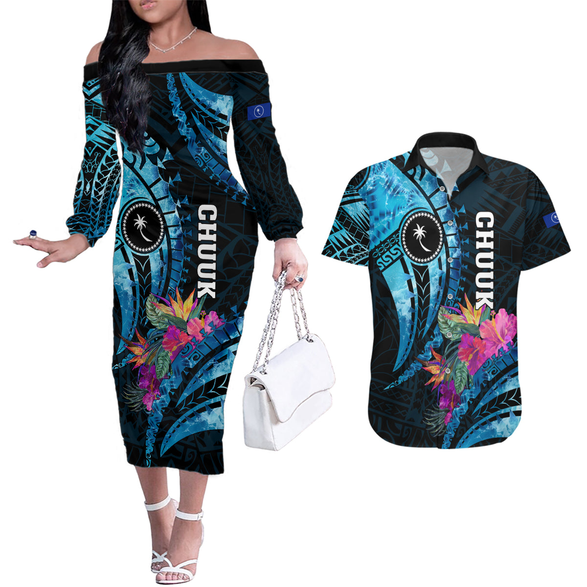 Personalised FSM Chuuk State Couples Matching Off The Shoulder Long Sleeve Dress and Hawaiian Shirt Tropical Flowers Tribal Pattern LT05 Blue - Polynesian Pride