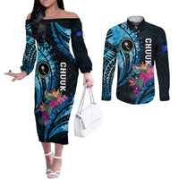 Personalised FSM Chuuk State Couples Matching Off The Shoulder Long Sleeve Dress and Long Sleeve Button Shirt Tropical Flowers Tribal Pattern LT05 Blue - Polynesian Pride