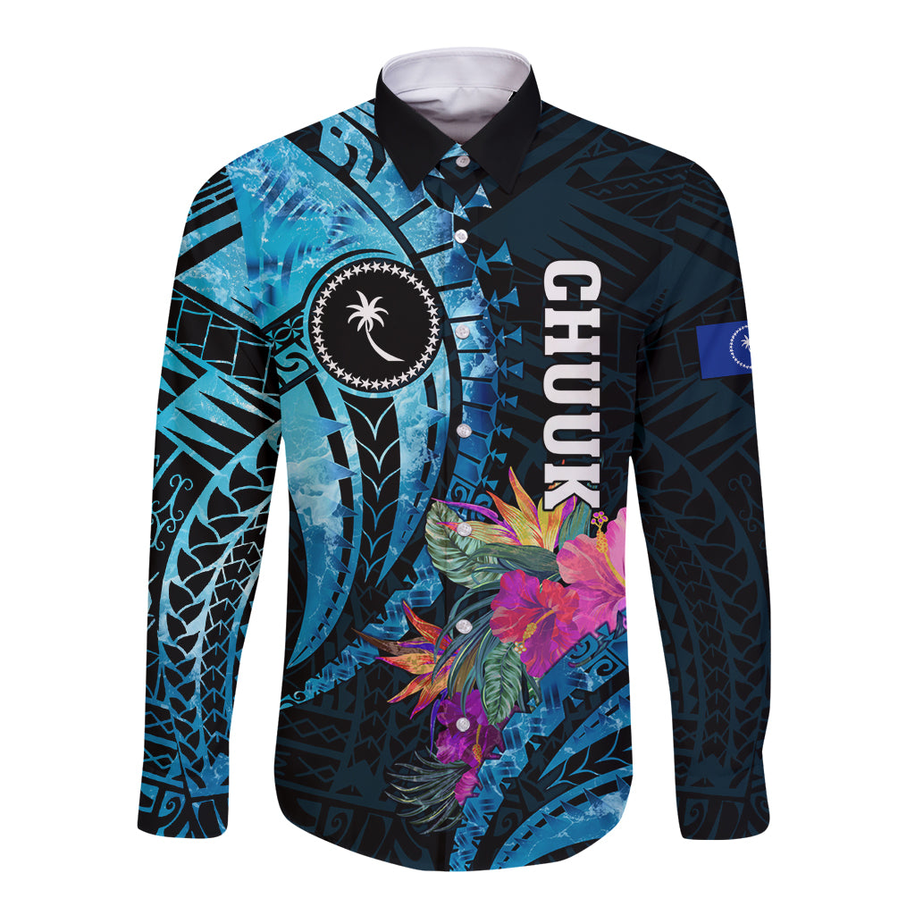 Personalised FSM Chuuk State Long Sleeve Button Shirt Tropical Flowers Tribal Pattern LT05 Unisex Blue - Polynesian Pride