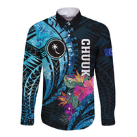 Personalised FSM Chuuk State Long Sleeve Button Shirt Tropical Flowers Tribal Pattern LT05 Unisex Blue - Polynesian Pride
