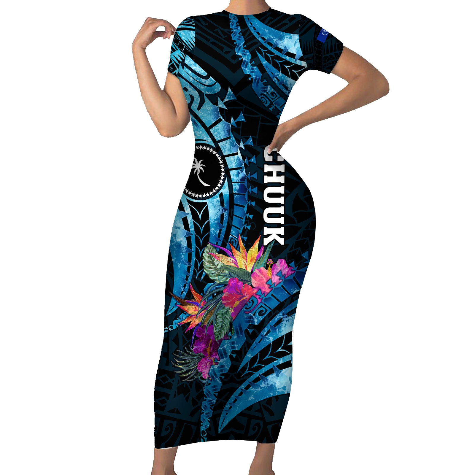 Personalised FSM Chuuk State Short Sleeve Bodycon Dress Tropical Flowers Tribal Pattern LT05 Long Dress Blue - Polynesian Pride
