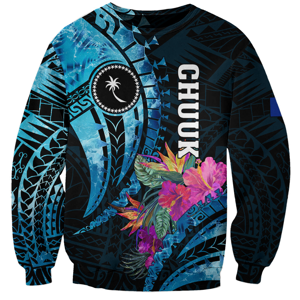 Personalised FSM Chuuk State Sweatshirt Tropical Flowers Tribal Pattern LT05 Unisex Blue - Polynesian Pride