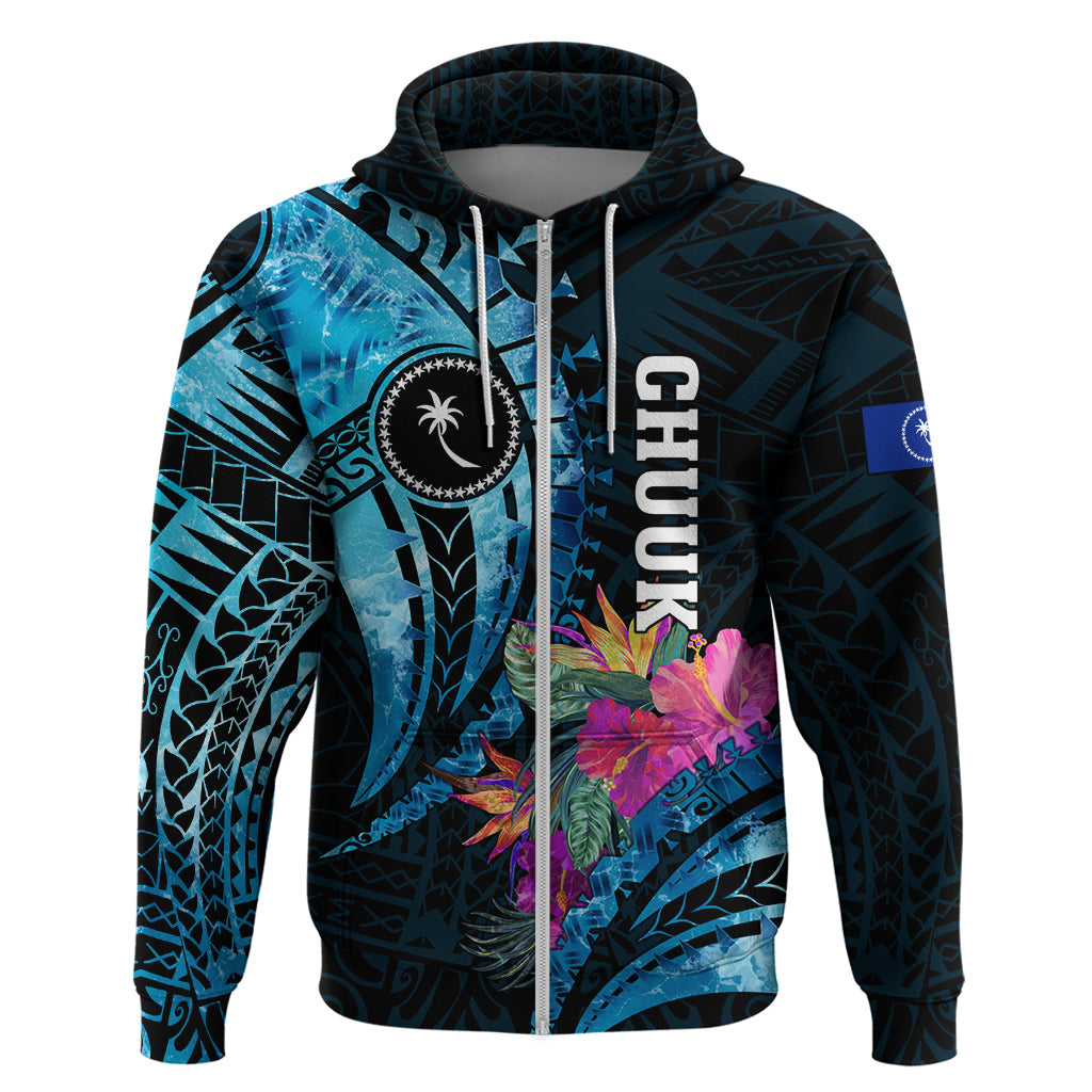 Personalised FSM Chuuk State Zip Hoodie Tropical Flowers Tribal Pattern LT05 Zip Hoodie Blue - Polynesian Pride