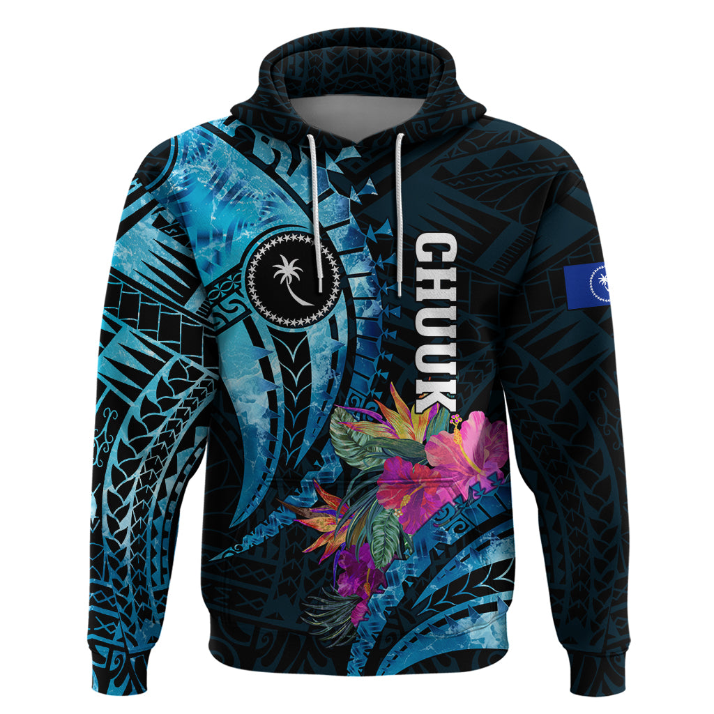 Personalised FSM Chuuk State Zip Hoodie Tropical Flowers Tribal Pattern LT05 Pullover Hoodie Blue - Polynesian Pride
