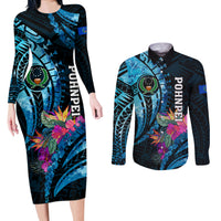 Personalised FSM Pohnpei State Couples Matching Long Sleeve Bodycon Dress and Long Sleeve Button Shirt Tropical Flowers Tribal Pattern LT05 Blue - Polynesian Pride