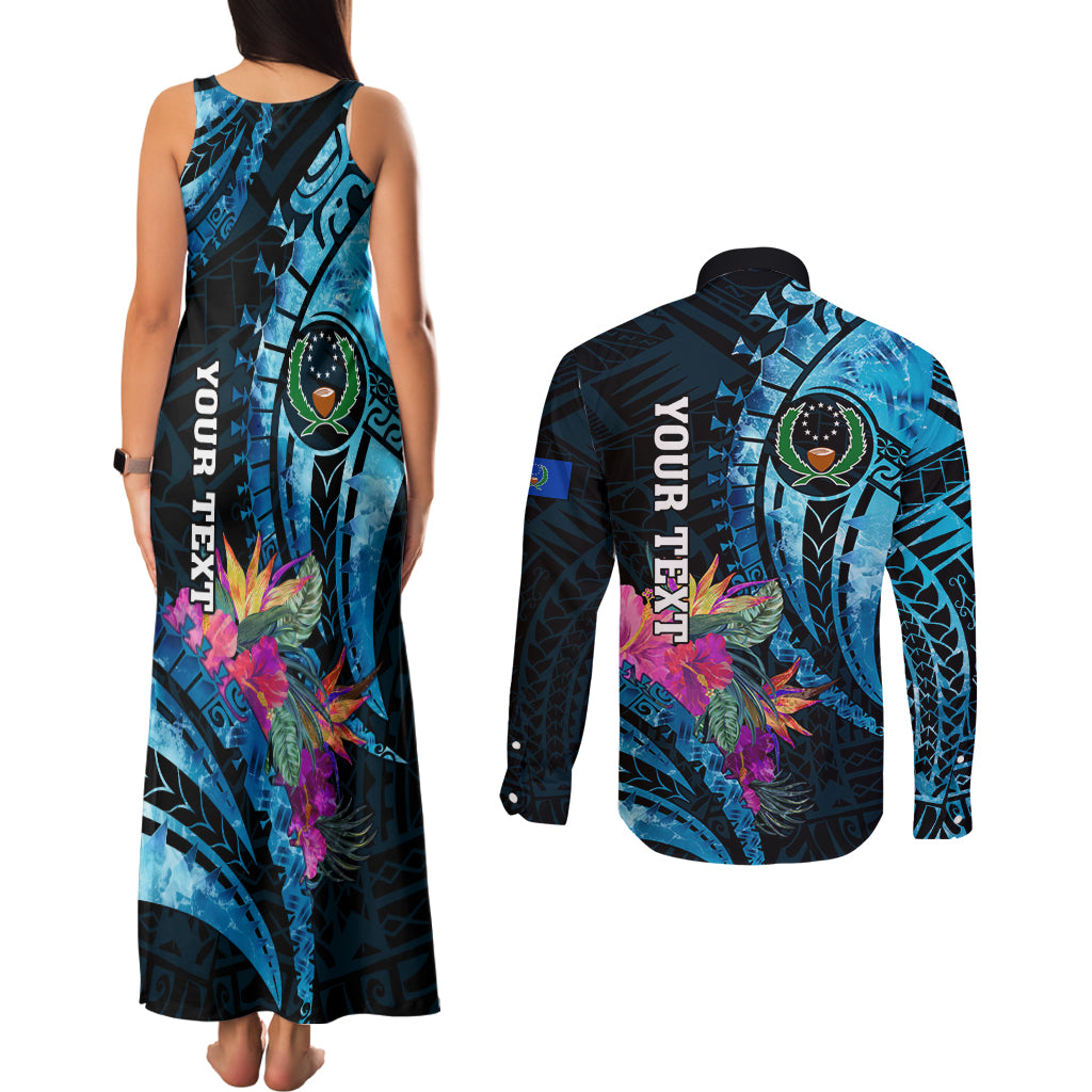 Personalised FSM Pohnpei State Couples Matching Tank Maxi Dress and Long Sleeve Button Shirt Tropical Flowers Tribal Pattern LT05 - Polynesian Pride