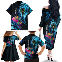 Personalised FSM Pohnpei State Family Matching Off Shoulder Long Sleeve Dress and Hawaiian Shirt Tropical Flowers Tribal Pattern LT05 - Polynesian Pride
