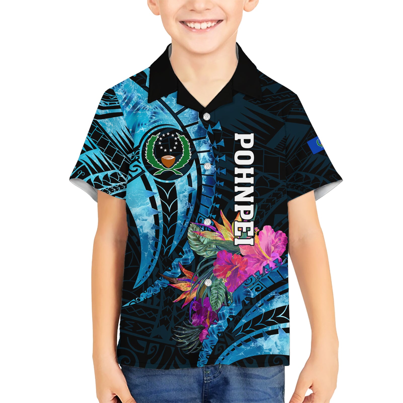 Personalised FSM Pohnpei State Kid Hawaiian Shirt Tropical Flowers Tribal Pattern LT05 Kid Blue - Polynesian Pride