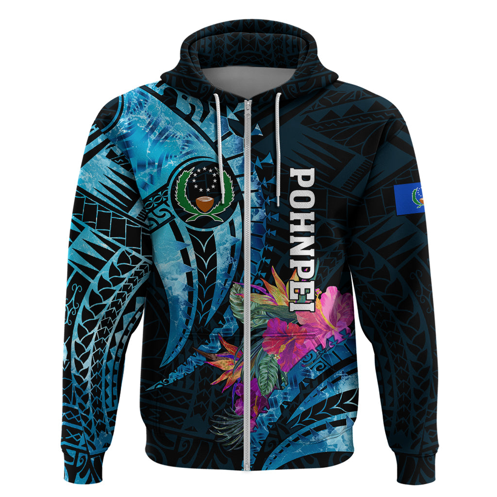Personalised FSM Pohnpei State Zip Hoodie Tropical Flowers Tribal Pattern LT05 Zip Hoodie Blue - Polynesian Pride