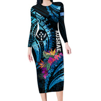 Personalised FSM Kosrae State Family Matching Long Sleeve Bodycon Dress and Hawaiian Shirt Tropical Flowers Tribal Pattern LT05 Mom's Dress Blue - Polynesian Pride
