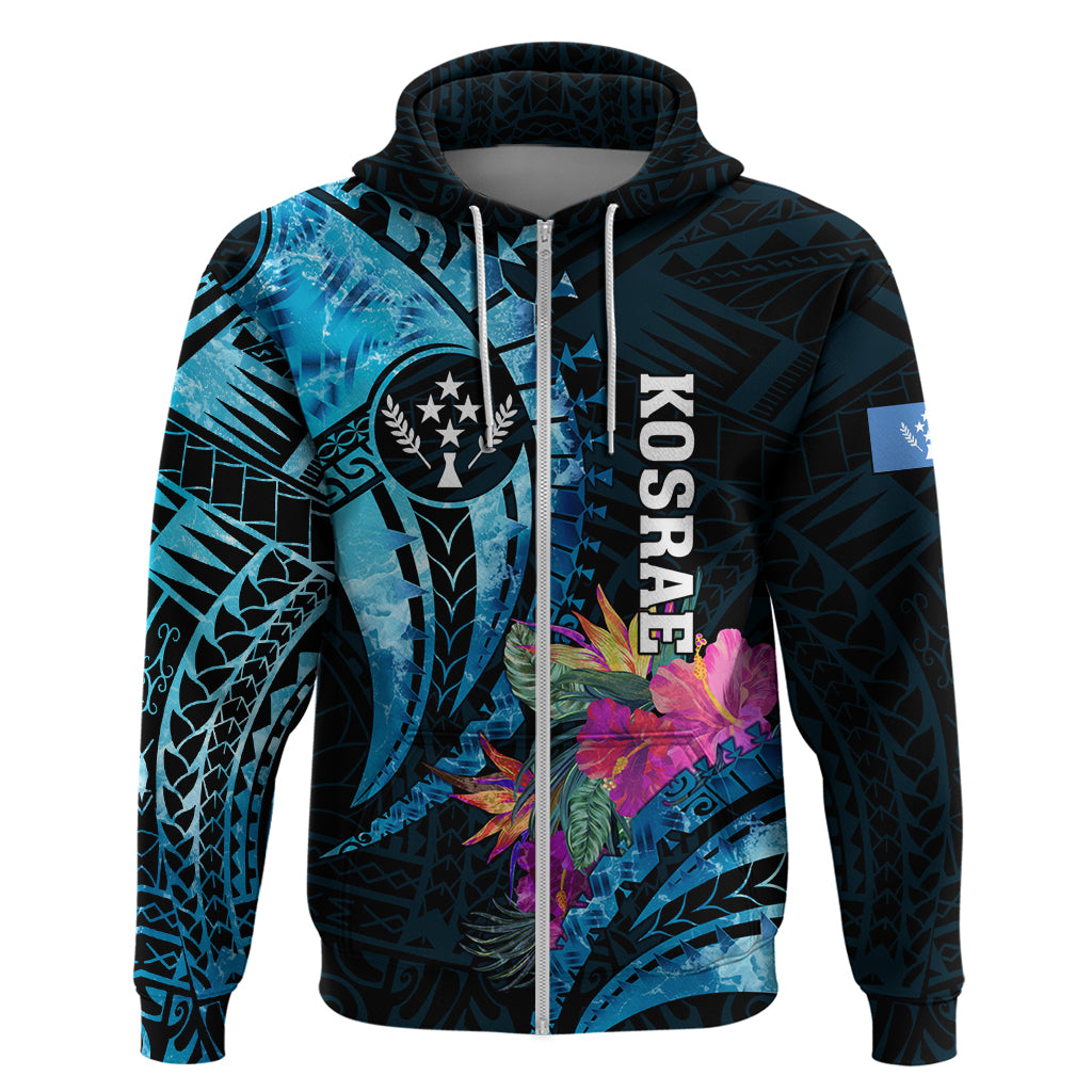Personalised FSM Kosrae State Hoodie Tropical Flowers Tribal Pattern LT05 Zip Hoodie Blue - Polynesian Pride