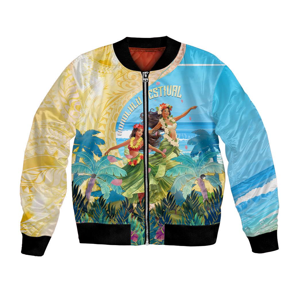 Personalised Hawaii Honolulu Festival Bomber Jacket Hula Girls Tropical Vibe LT05 Unisex Blue - Polynesian Pride