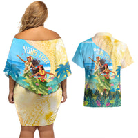 Personalised Hawaii Honolulu Festival Couples Matching Off Shoulder Short Dress and Hawaiian Shirt Hula Girls Tropical Vibe LT05 - Polynesian Pride