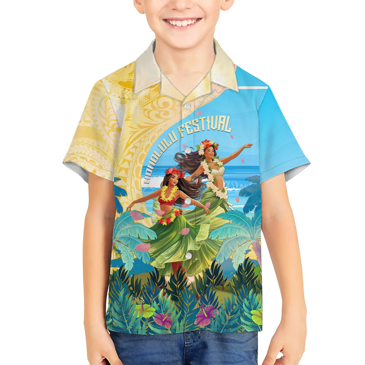 Personalised Hawaii Honolulu Festival Family Matching Short Sleeve Bodycon Dress and Hawaiian Shirt Hula Girls Tropical Vibe LT05 Son's Shirt Blue - Polynesian Pride