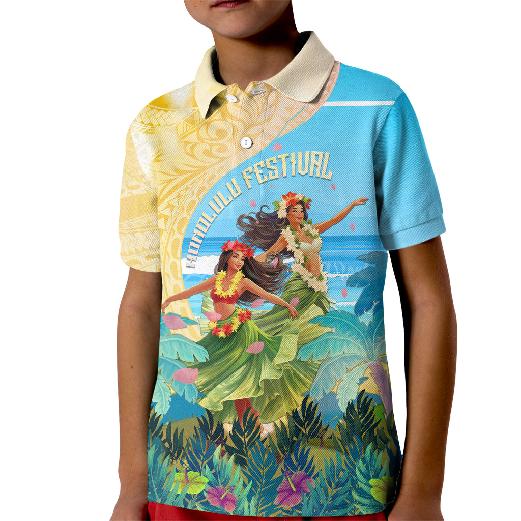 Personalised Hawaii Honolulu Festival Kid Polo Shirt Hula Girls Tropical Vibe LT05 Kid Blue - Polynesian Pride