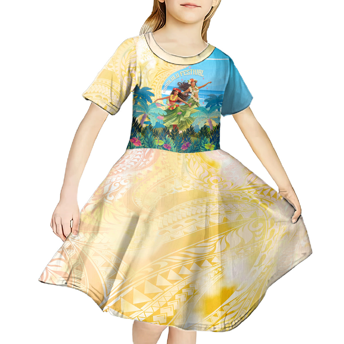 Personalised Hawaii Honolulu Festival Kid Short Sleeve Dress Hula Girls Tropical Vibe LT05 - Polynesian Pride