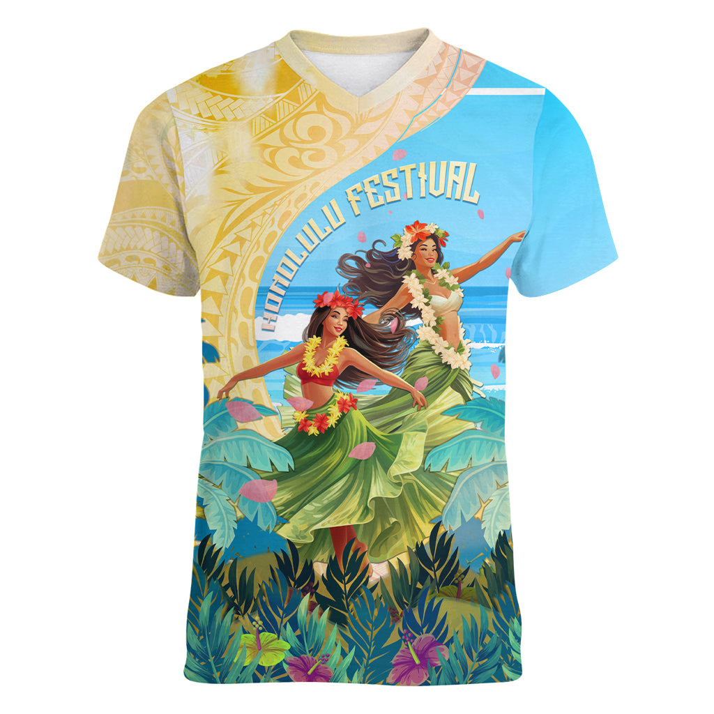 Personalised Hawaii Honolulu Festival Women V Neck T Shirt Hula Girls Tropical Vibe LT05 Female Blue - Polynesian Pride