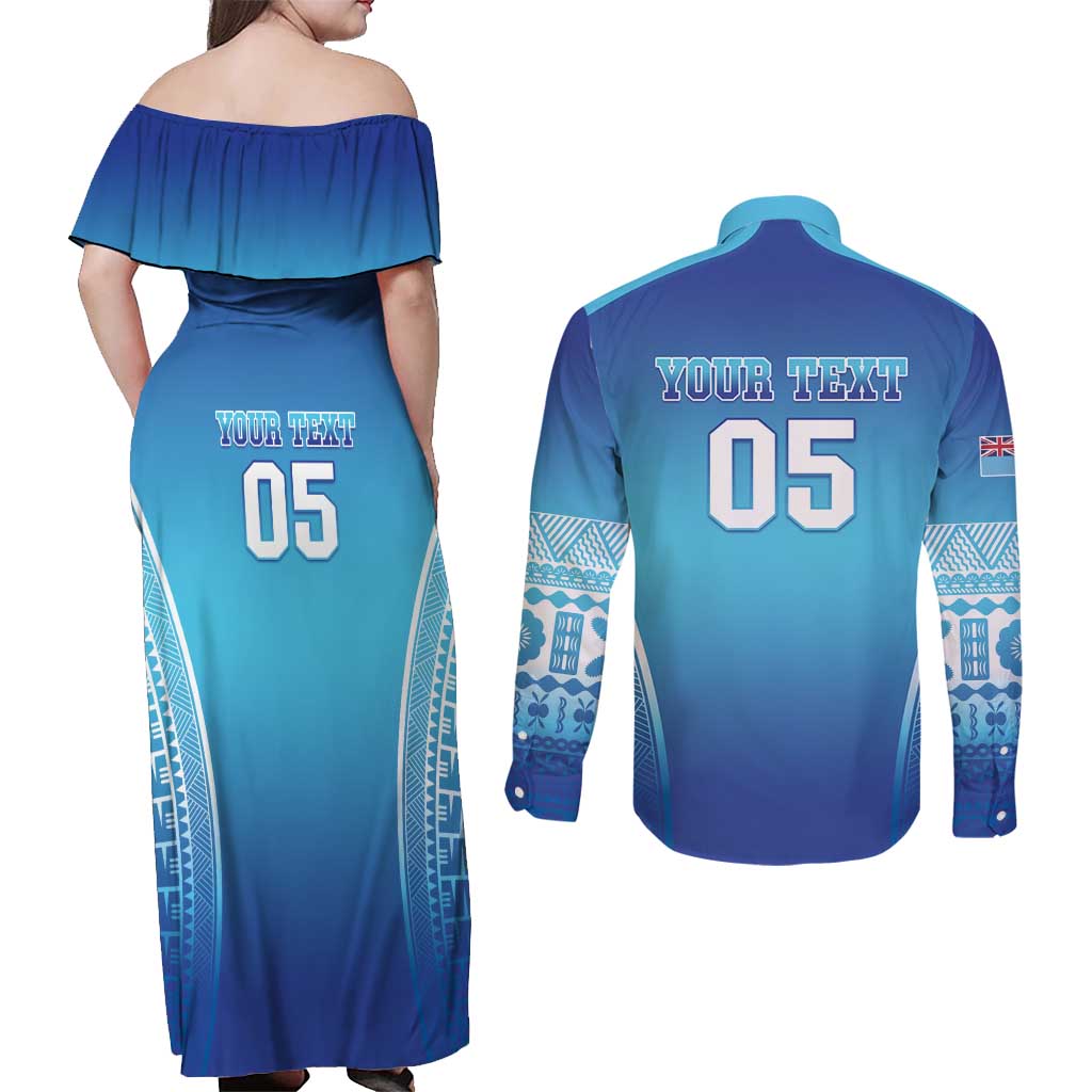 Custom Fiji Football Couples Matching Off Shoulder Maxi Dress and Long Sleeve Button Shirt Fijian Tapa Pattern