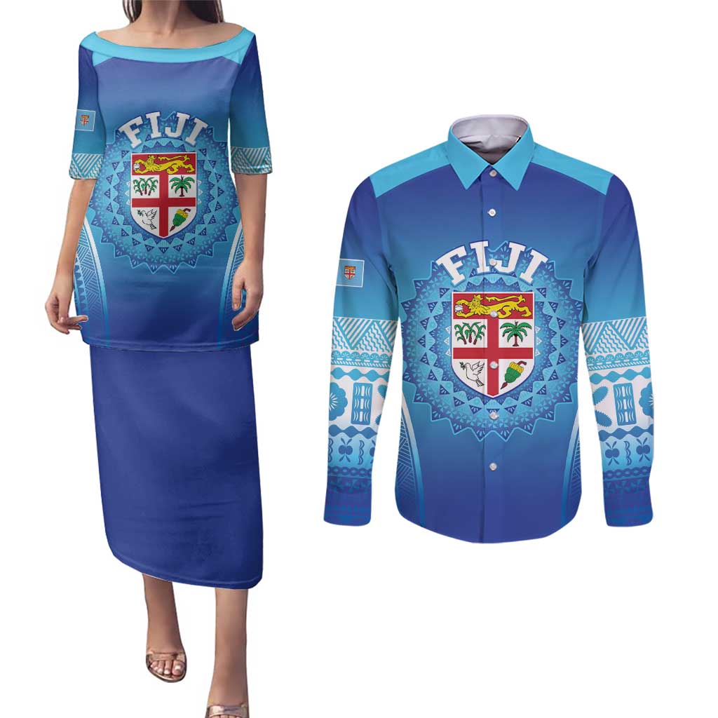 Custom Fiji Football Couples Matching Puletasi and Long Sleeve Button Shirt Fijian Tapa Pattern LT05 Blue - Polynesian Pride