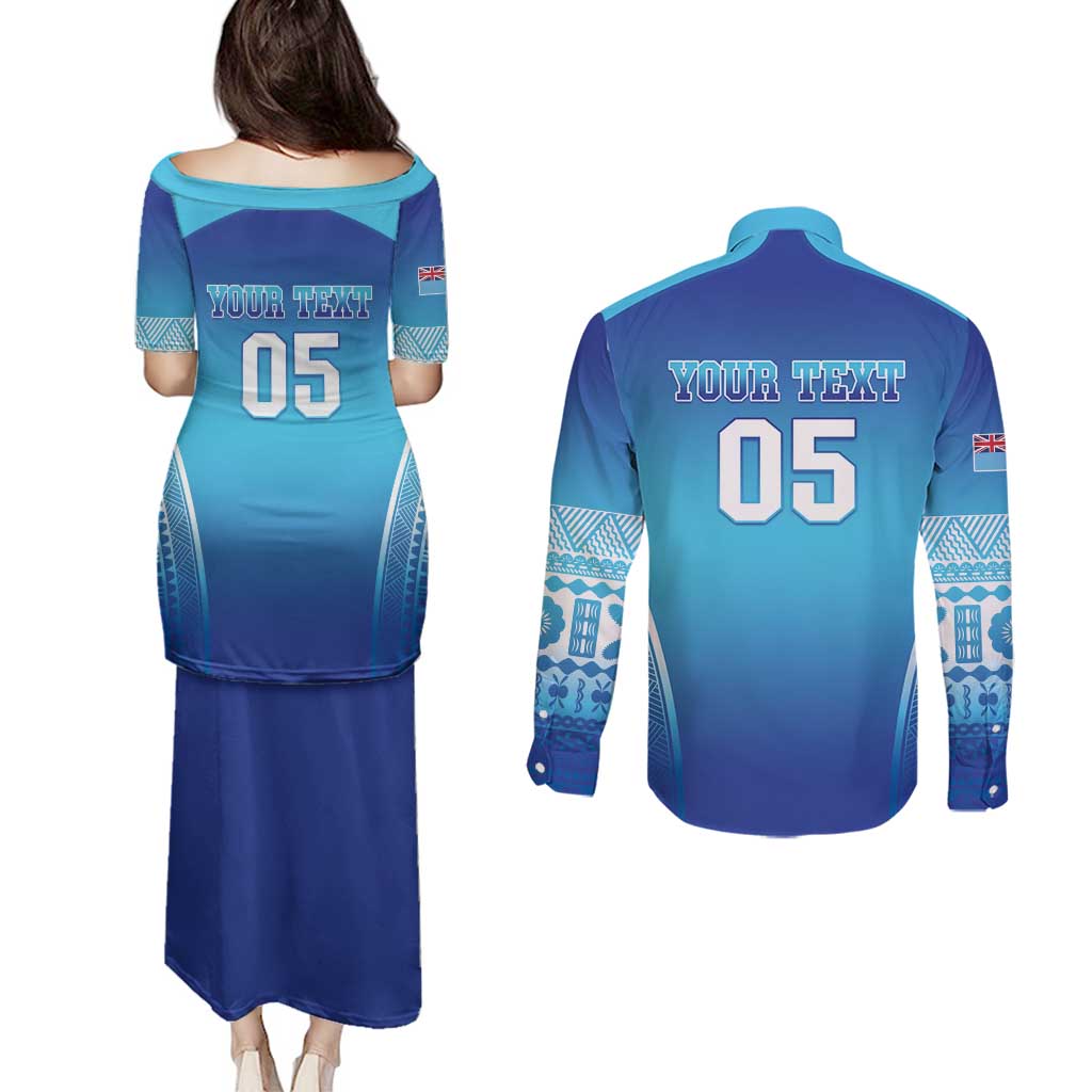 Custom Fiji Football Couples Matching Puletasi and Long Sleeve Button Shirt Fijian Tapa Pattern LT05 - Polynesian Pride