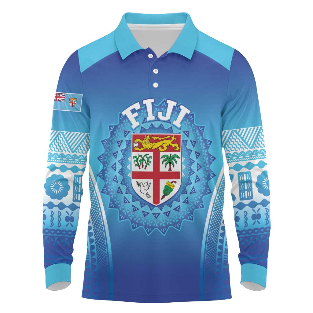 Custom Fiji Football Long Sleeve Polo Shirt Fijian Tapa Pattern LT05 Blue - Polynesian Pride