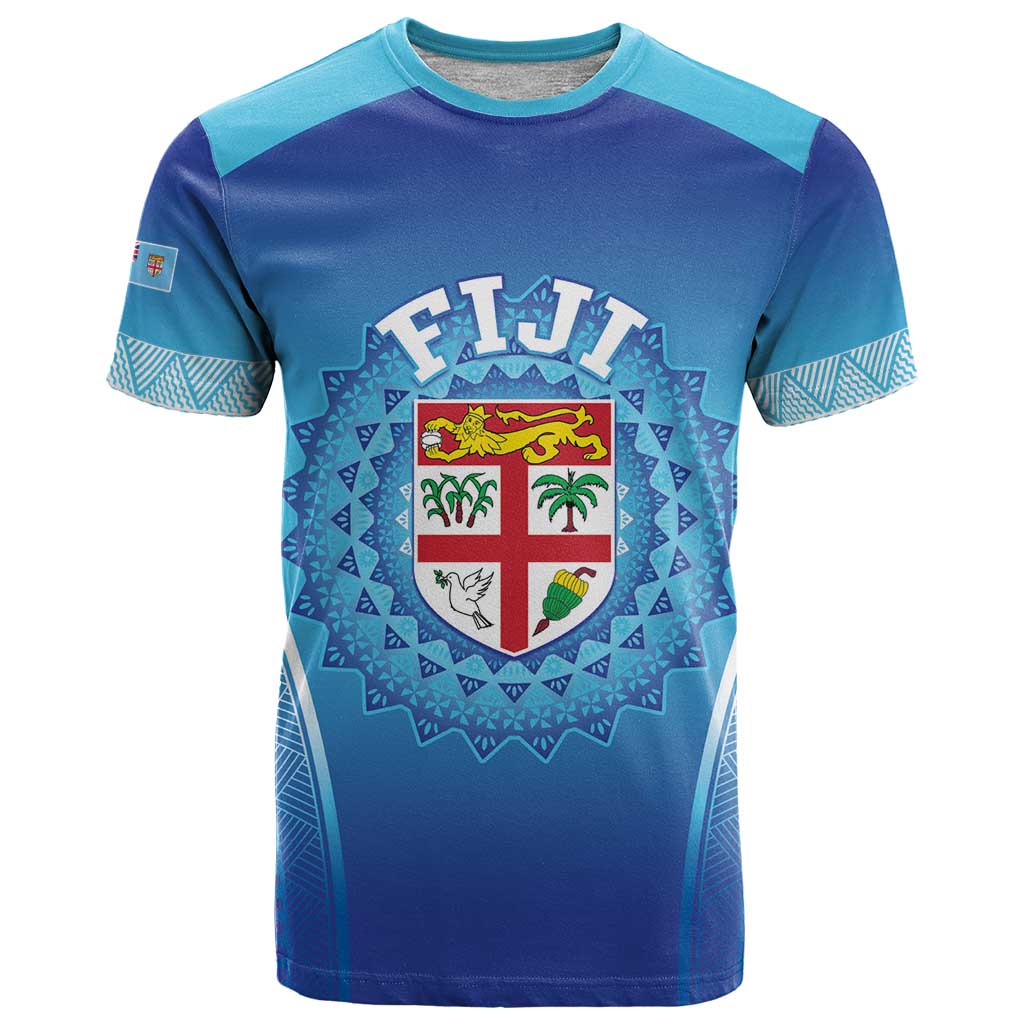 Custom Fiji Football T Shirt Fijian Tapa Pattern LT05 Blue - Polynesian Pride