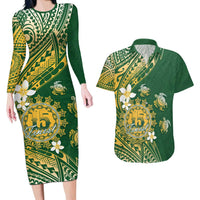 Cook Islands 15 Finest Couples Matching Long Sleeve Bodycon Dress and Hawaiian Shirt Plumeria Polynesian Turtle
