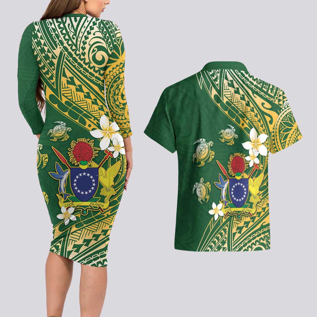 Cook Islands 15 Finest Couples Matching Long Sleeve Bodycon Dress and Hawaiian Shirt Plumeria Polynesian Turtle